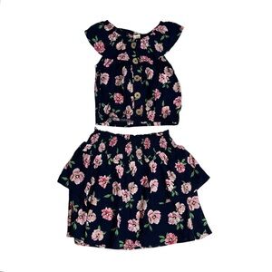 Floral Kids Matching Set - Navy and Pink Blouse and Skort